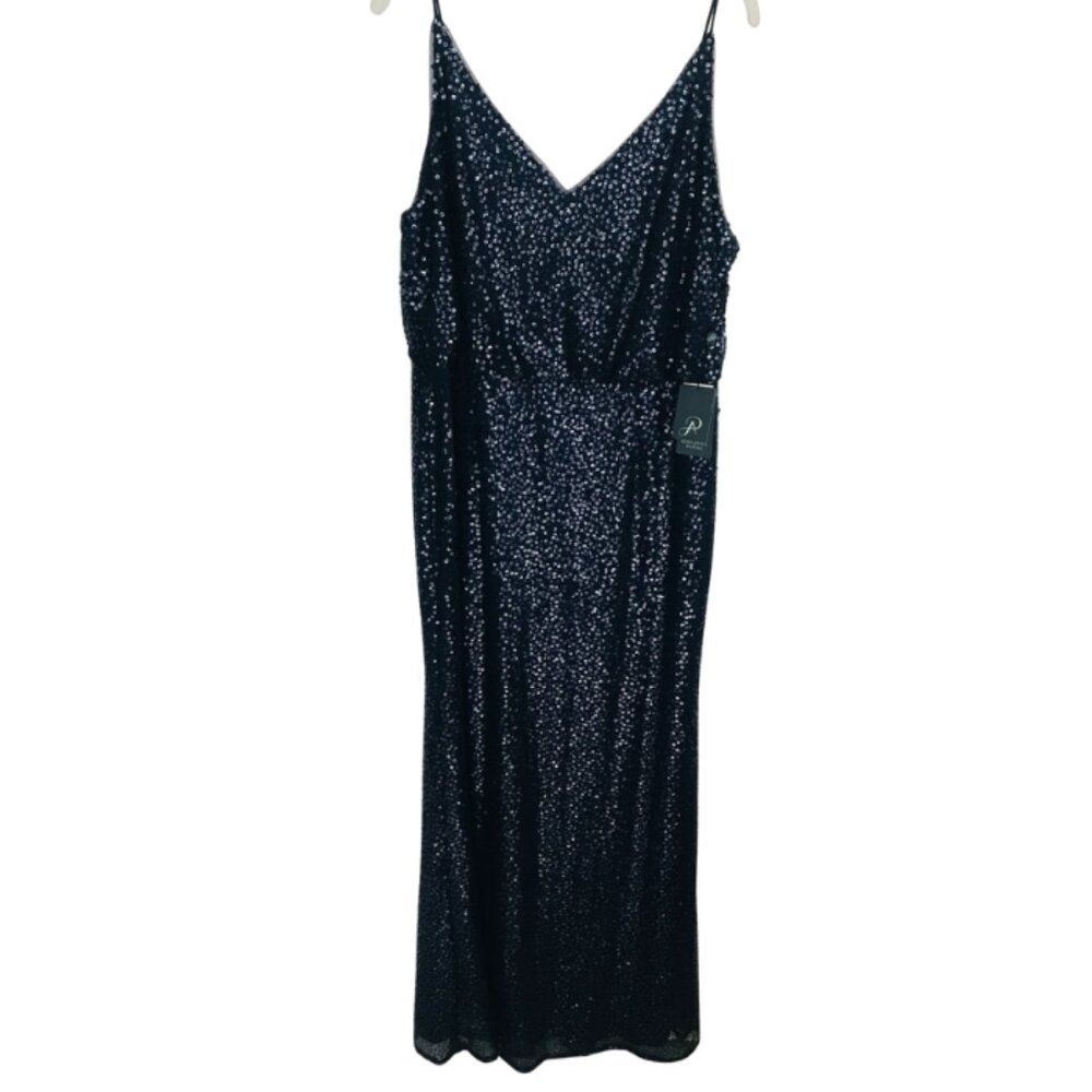Adrianna Papell Blouson Maxi Gown Dress Size 16 Womens Navy Sequin V-Neck NWT